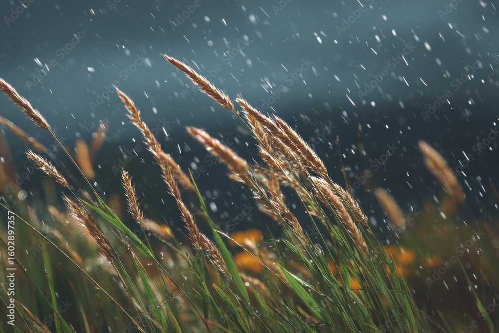 Fototapeta premium Grass blades swaying in the rain.