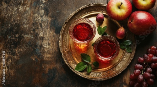 Two glasses of red fruit juice or wine on a vintage tray, surrounded by apples, pears, and grapes on a rustic wooden surface.