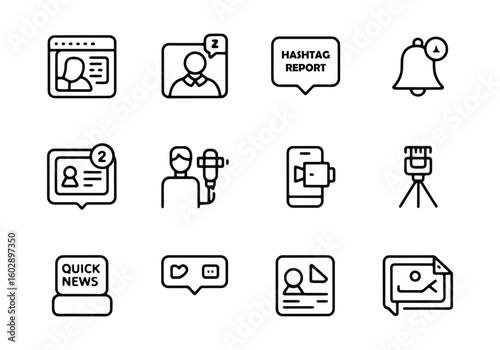 Collection of social media and communication icons in black outline style notification profile