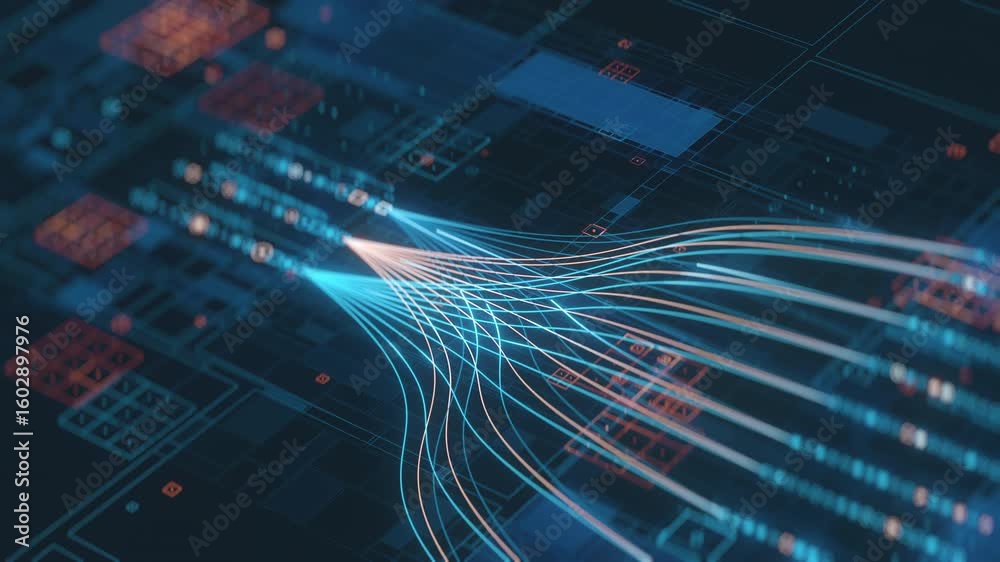 This video portrays the complex flow of digital information and big data streams, illustrating concepts of network connectivity, data analysis, and advanced technological infrastructure.