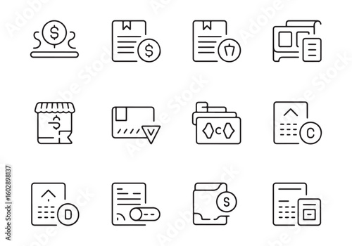 Collection of twelve black outline icons related to finance and business transactions money dollar