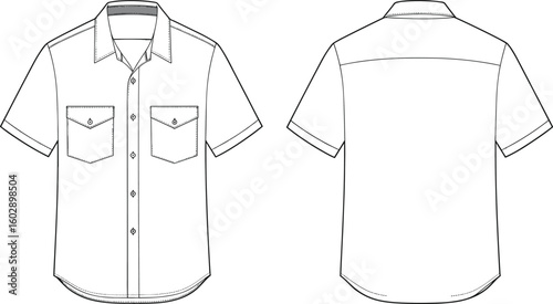 Technical flat sketch of short sleeve shirt, button down front, collar, flap pockets, back yoke, vector fashion cad drawing