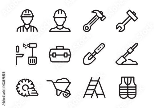 Construction worker hard hat tools toolbox ladder safety vest wheelbarrow gear shovel vector
