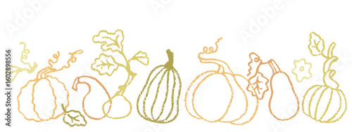 Collection of cute linear pumpkins. Autumn horizontal banner in simple style.