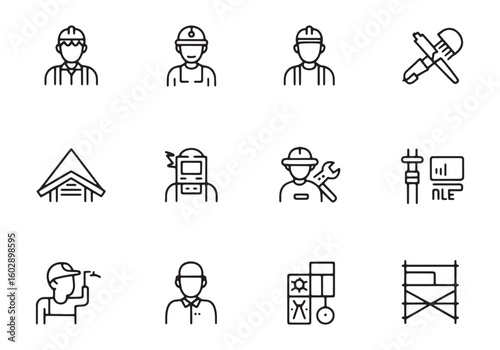 Construction worker icons including welder builder engineer and tools architect