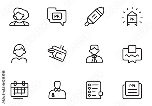 Public relations icons including people calendar P R folder and document PR public relations icon PR folder icon