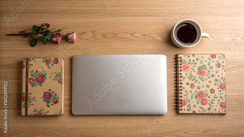 Overhead view of a macbook laptop, two floral notebooks, roses, and a cup of coffee on a wooden desk