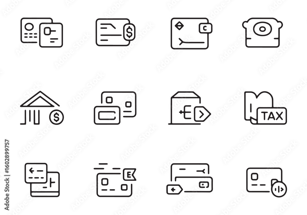 Set of twelve financial and payment related line art icons on white background credit card debit card Set of twelve financial and payment related line art icons on white background credit card debit card