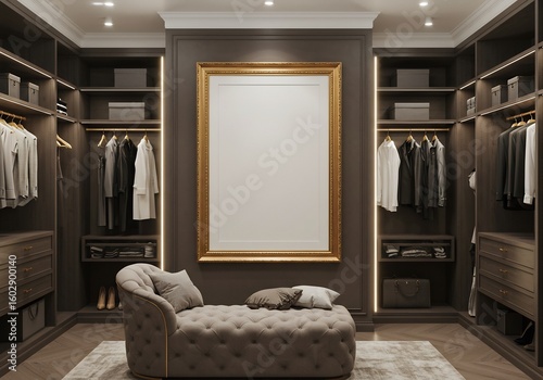 Elegant dressing room interior featuring sophisticated dark shelving, neatly arranged apparel, and a tufted bench. An empty gilded picture frame provides a perfect mockup space.