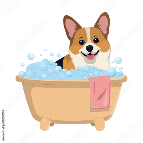 Adorable corgi enjoying a bubbly bath in a tub The illustration captures the dog s cheerful expression, surrounded by soap bubbles and a pink towel on the side A playful vector suitable for pet-themed