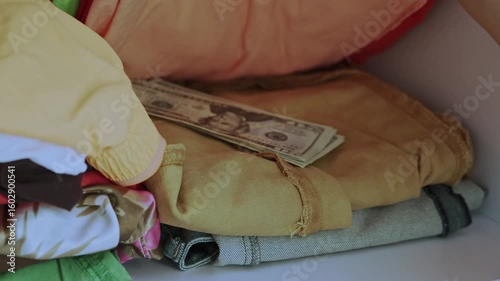 Personal savings. An elderly woman opens a closet and hides money among the clothes. Financial caution, personal security, and practical thrift in daily life.