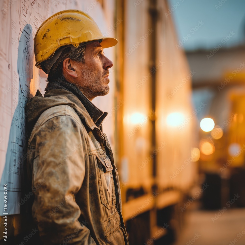Fototapeta premium Construction Worker in Hard Hat Standing Against Blueprint Wall