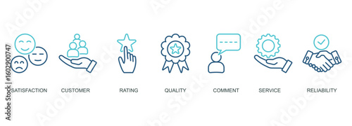 feedback outline color banner icon of satisfaction, customer, rating, quality, comment, service, reliability