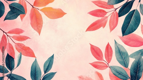 Autumnal leaves frame soft pastel pink background.