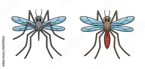 Two detailed illustrations of mosquitoes with translucent wings