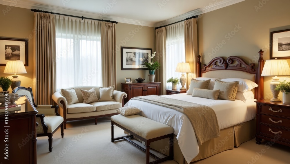 Fototapeta premium Luxurious bedroom with beige and cream accents.
