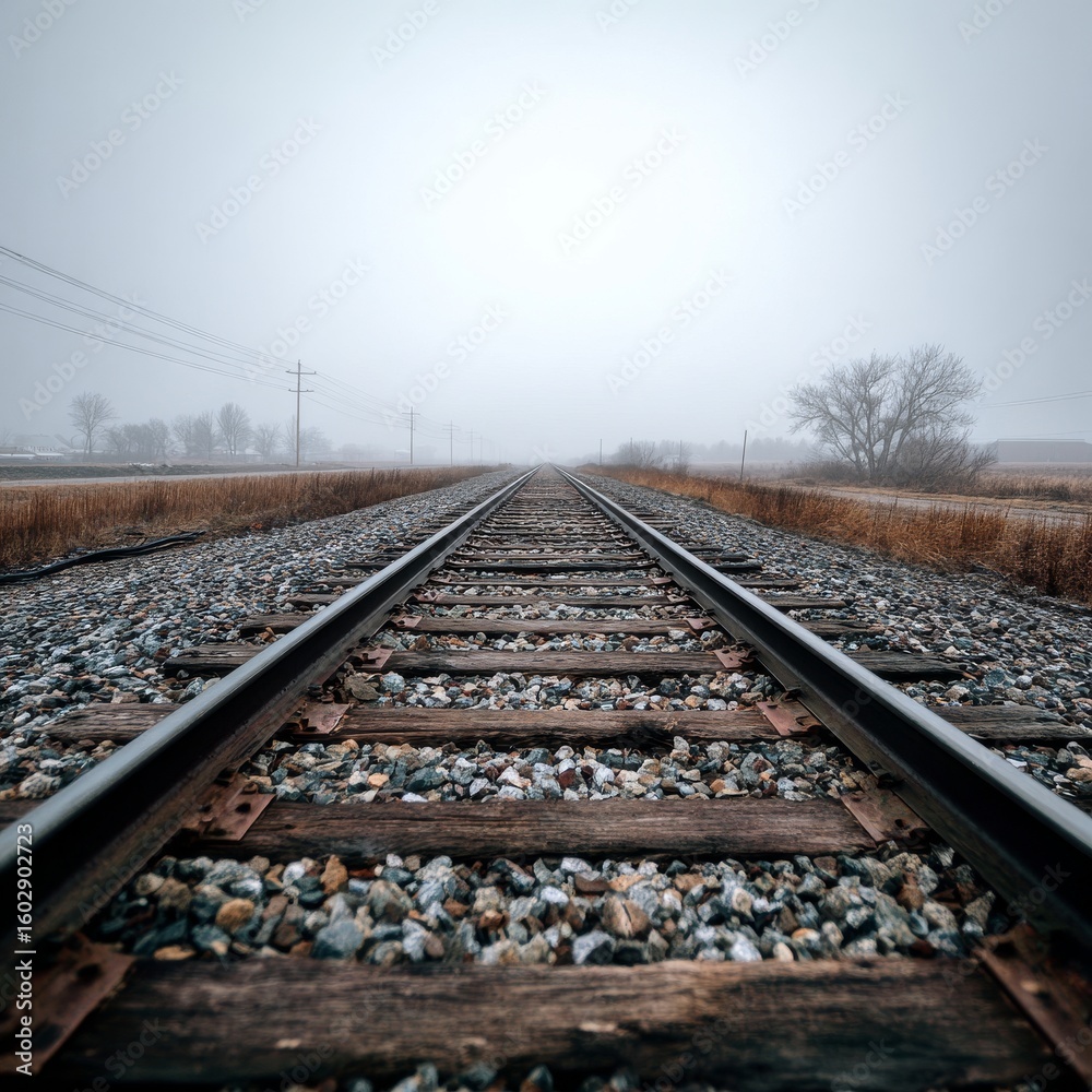 Fototapeta premium Foggy Railway Tracks in a Rural Landscape with Gloomy Atmosphere