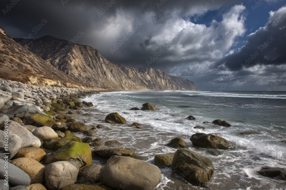 Obraz premium Rocky shoreline with dramatic clouds and waves.