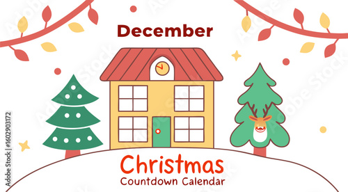 Illustration of a christmas countdown calendar with a house, christmas trees and december text displayed well