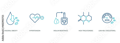 metabolic syndrome outline color banner icon of visceral obesity, hypertension, insulin resistance, high triglycerides, low hdl cholesterol