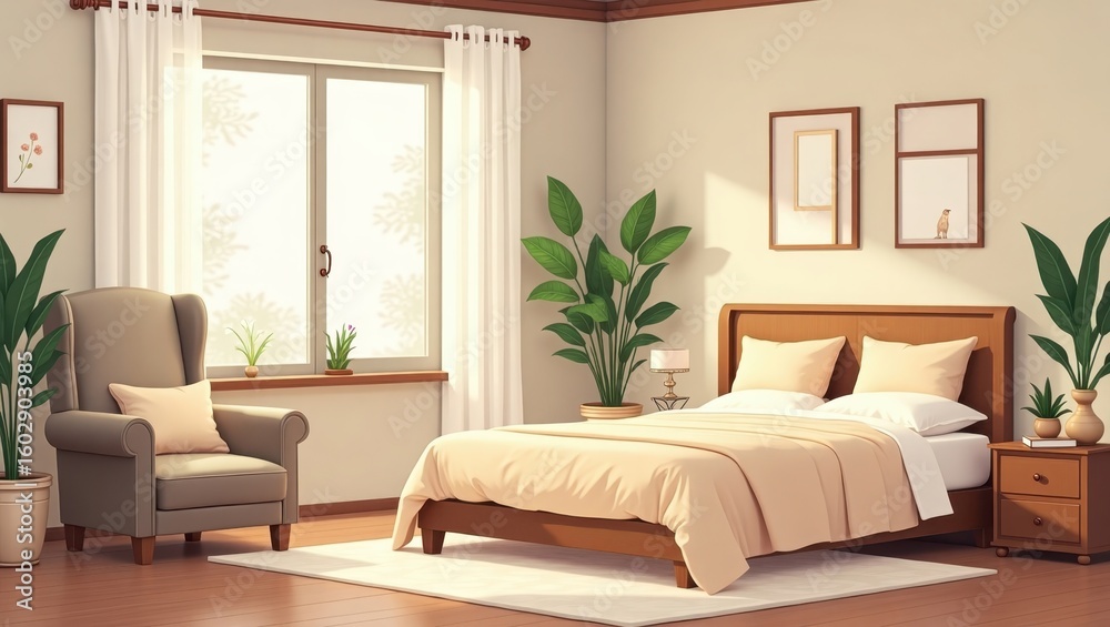 Fototapeta premium Beige bedroom with a comfortable armchair and a large bed.