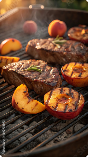 Juicy steaks and grilled peaches grilling barbecue