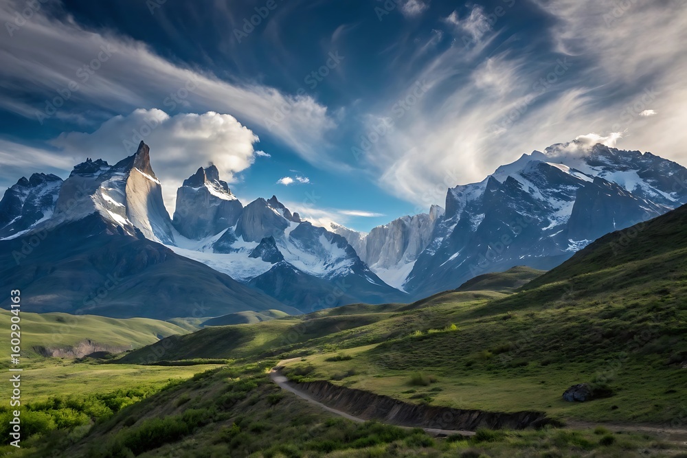 Fototapeta premium Majestic snow capped peaks under dramatic sky mountains landscape