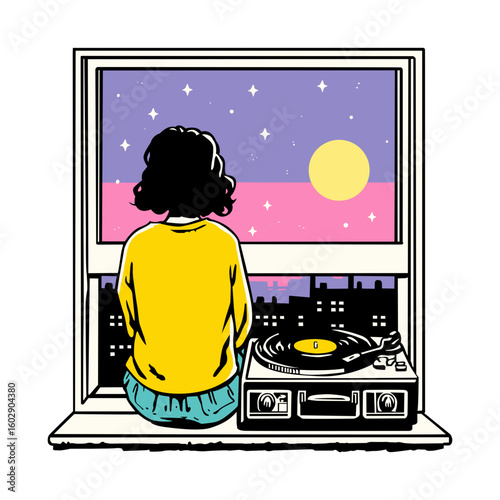 A stylized illustration of a woman seated at a window at night listening to a record player City lights are visible in the background