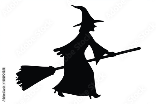 witch, silhouette, black, halloween, spooky, magic, dark, shadow, scary, art, evil, horror, haunted, mystical, ghost, flying, broomstick, costume, white, background, illustration, eerie, night, moon, 