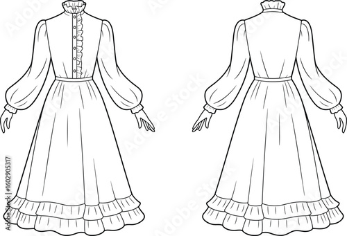 Victorian vintage dress fashion flat, ruffle hem, long sleeves, buttoned bodice, high collar gown design, historical clothing illustration