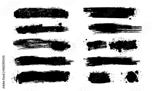 Artistic black paint strokes, grunge splatter stains and drops with rough brush stencil style. Ink texture and abstract paint blotches for backgrounds, messy splash elements, vector
