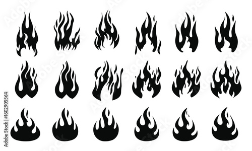 Old school black flame silhouette, retro neo-tribal tattoo style fire isolated on white background. Minimalist classic blaze vector graphic, fiery hot design, decorative heat symbol, burning shape