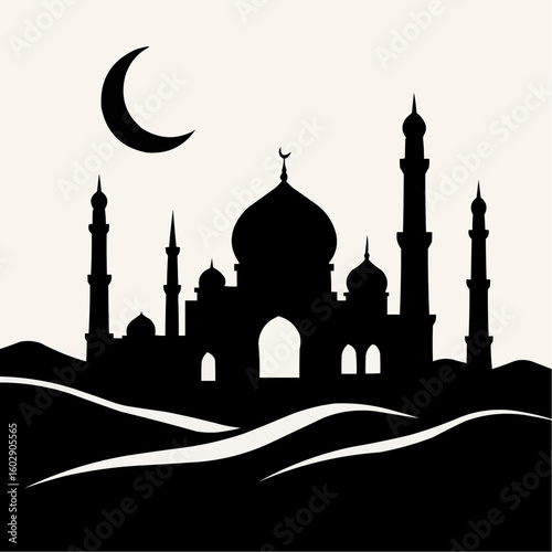 Taj Mahal silhouette vector illustration depicting the iconic Indian mosque architecture, a historical landmark and monument for travel and worship in Agra