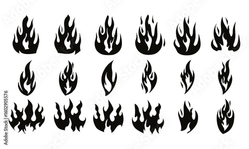 Retro flame silhouette, classic black fire design in old school tattoo style. Minimalist neo-tribal blaze isolated on white background. Stylish vector graphic heat symbol, fire icon, warm burn