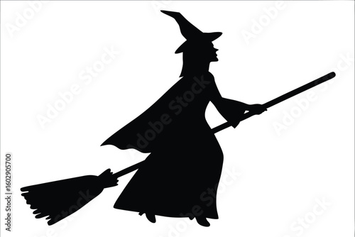 witch, silhouette, black, halloween, spooky, magic, dark, shadow, scary, art, evil, horror, haunted, mystical, ghost, flying, broomstick, costume, white, background, illustration, eerie, night, moon, 