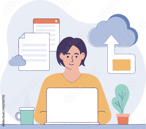Man working remotely with cloud data storage, flat illustration