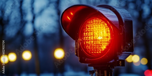 A red stoplight at an intersection in a city. A traffic signal to ensure the safe flow of vehicles.
