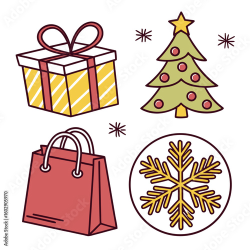 Illustration featuring a christmas tree, gift box, shopping bag, and snowflake in a festive layout