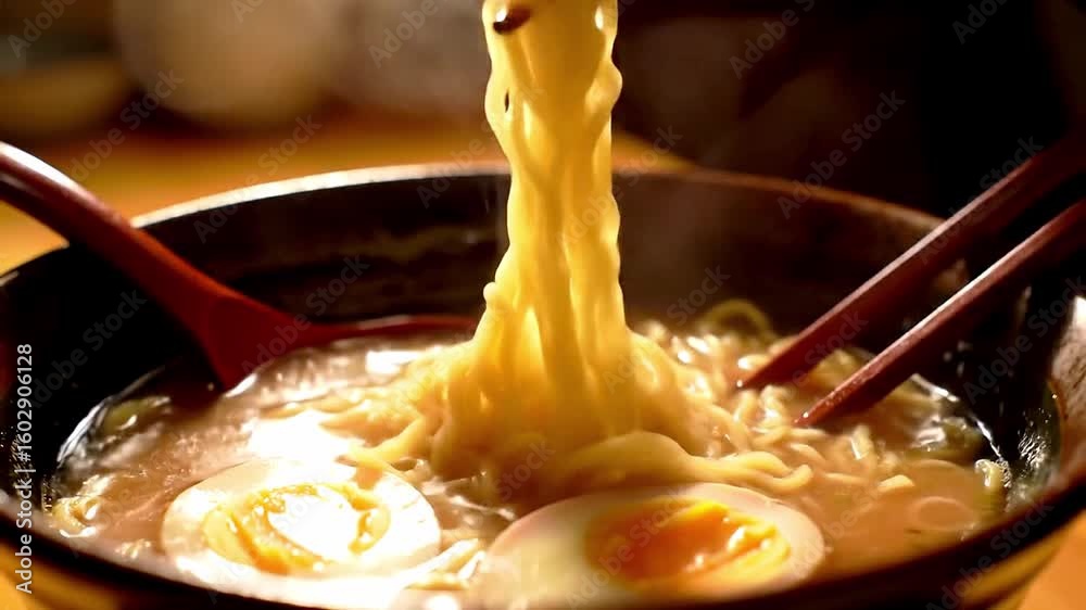 Rustic Ramen Bowl with Egg and Broth under Warm Vintage Lighting