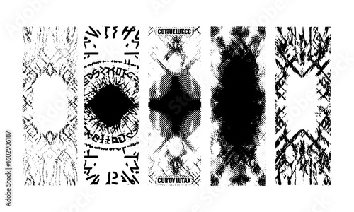 Overlay texture set featuring cyber sigilism and neo-tribal halftone designs. Perfect for vinyl, album cover, cd, and gothic poster art with tribal, metal tattoo, and abstract graphic elements.