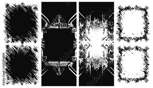 Neo-tribal cyber sigilism overlay textures and vector stamps for album covers, vinyl, and posters. Gothic patterns with halftone metal tattoo art, abstract bone frames