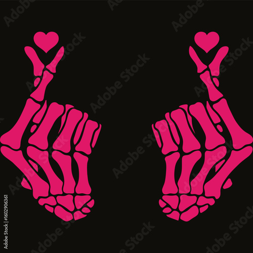 A bold and striking illustration of two skeleton hands making a heart shape with pink accents against a black background