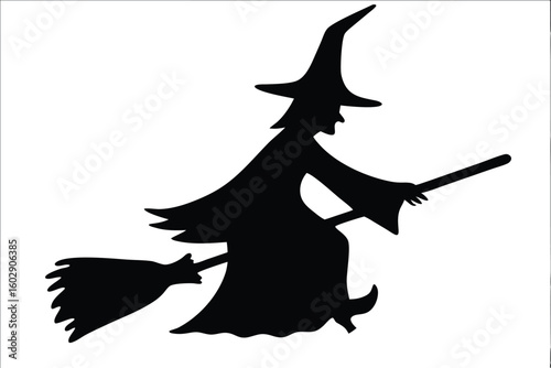 witch, silhouette, black, halloween, spooky, magic, dark, shadow, scary, art, evil, horror, haunted, mystical, ghost, flying, broomstick, costume, white, background, illustration, eerie, night, moon, 