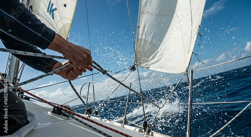 Sailor's hands adjusting sail lines amidst ocean spray and blue sky during a dynamic sailing experience.