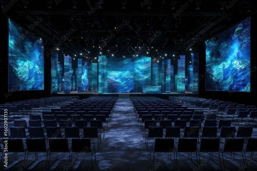 Naklejka premium Global conference stage setup with empty chairs and LED screens ready for virtual summit.