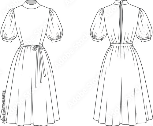 Vintage midi dress flat sketch, front and back view, puff sleeve design, tied waist, modest women’s wear fashion illustration