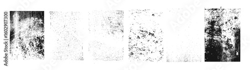 Overlay texture set featuring grunge stamps, vintage dust, grainy surfaces, urban wall effects, photocopy and letterpress style with distressed edges, geometric shapes, decorative patterns