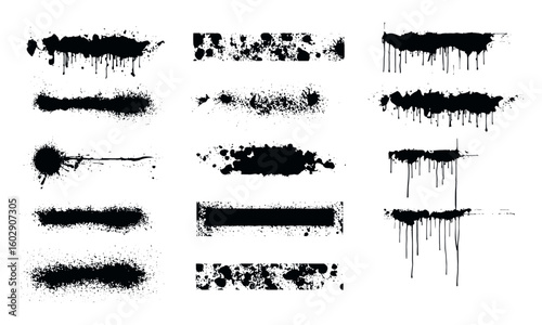 Grimy spray graffiti with splattered paint, drips, and dirty stencil lines. Ink blot effects and textured spray marks for backgrounds, vector graffiti art, grunge overlays, messy paint strokes