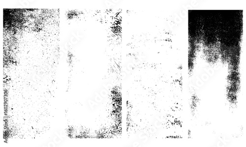 Vintage grunge overlay textures with dust, grain, and high particle detail. Urban wall, letterpress, photocopy effects with decorative edges, rough surfaces, geometric patterns