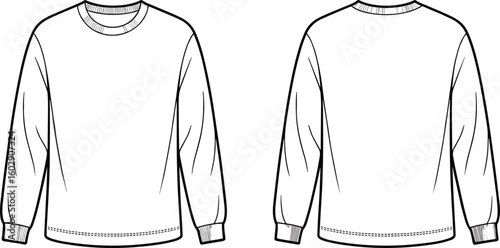 Blank white sweatshirt technical sketch, front and back view, long sleeve crew neck pullover, clothing template, fashion illustration, apparel design mockup, isolated vector